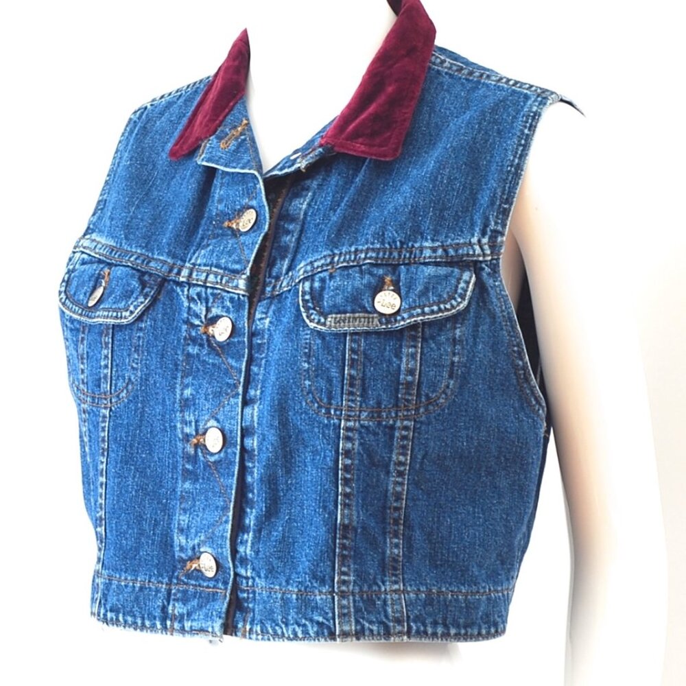 Lee 1990's Denim Vest With Riveted Buttons, Velvet Collar & Trim - USA